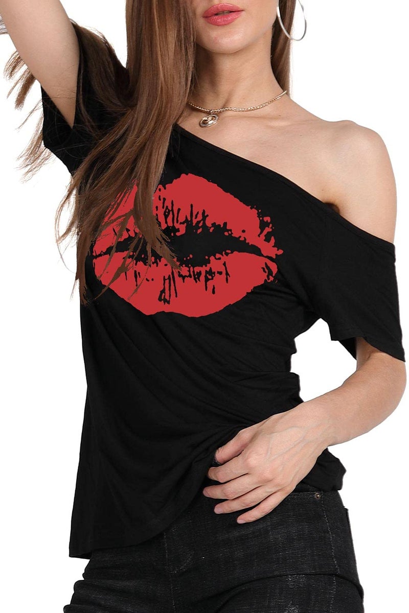 MAGICMK Womanâ€™s Off The Shoulder Lips Top Print Short Sleeve Cotton Sexy Fashion T-Shirt (XXL, Black+Red1) - Image 4